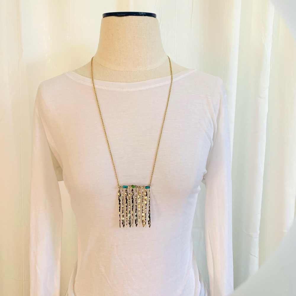 Alexis Bittar Gold Hammer Metal Fringe Gemstone Bar Turquoise Green Necklace - Picture 8 of 12